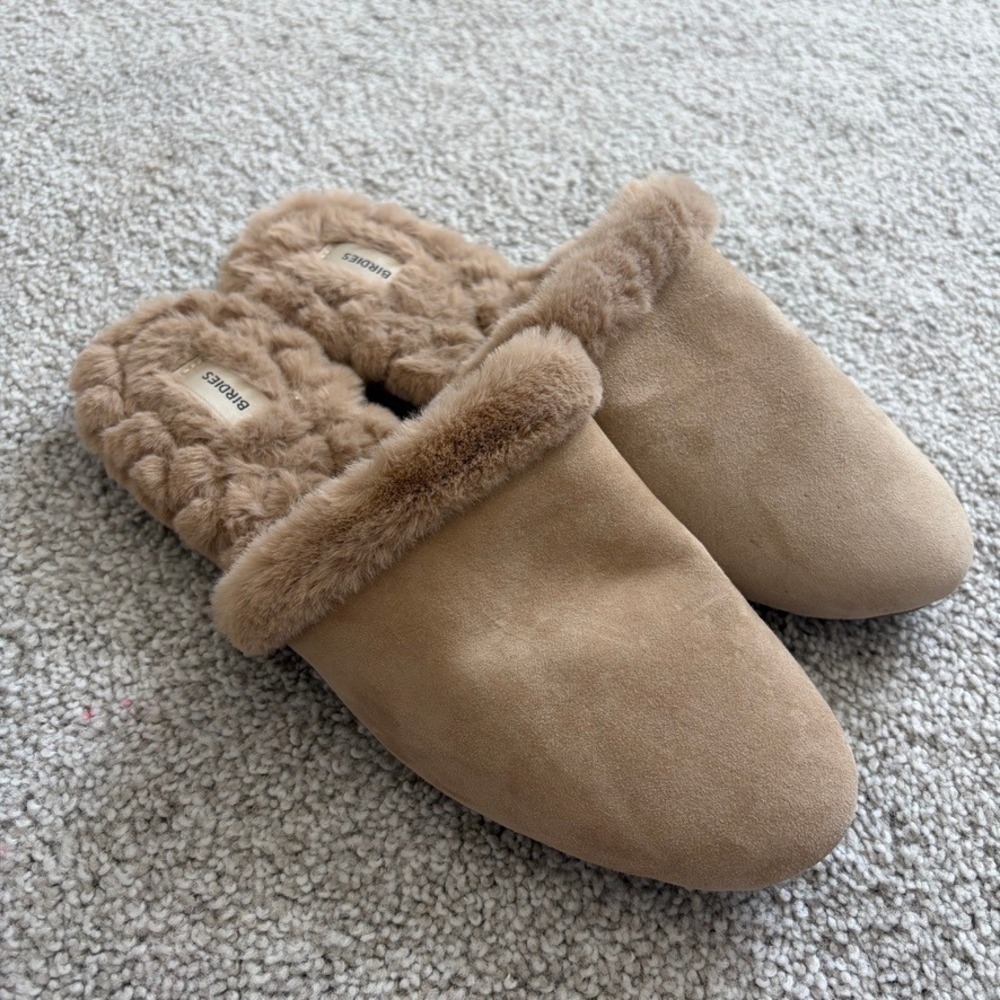 Birdies Songbird Slides Womens 8 Tan Fuzzy Lined Warm Flats Slippers Suede